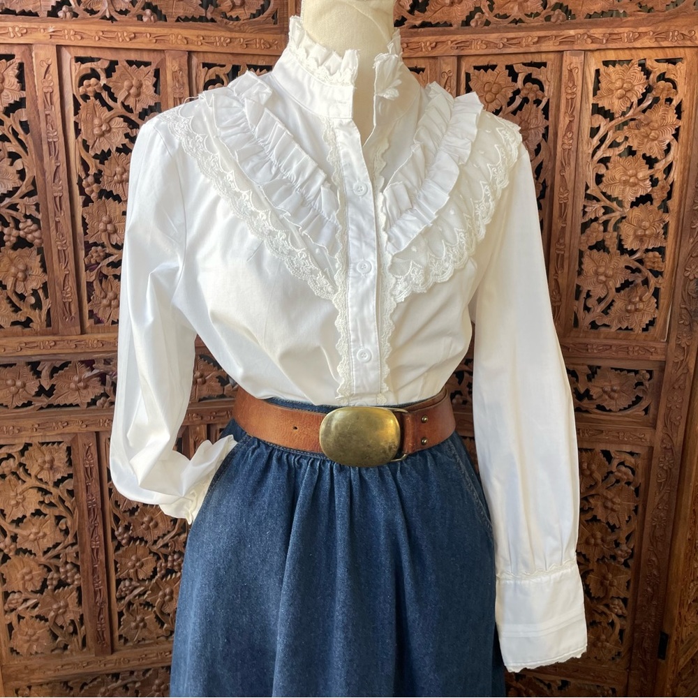 White Ruffled Victorian Edwardian Western lace trim crochet button down Blouse - Picture 3 of 14